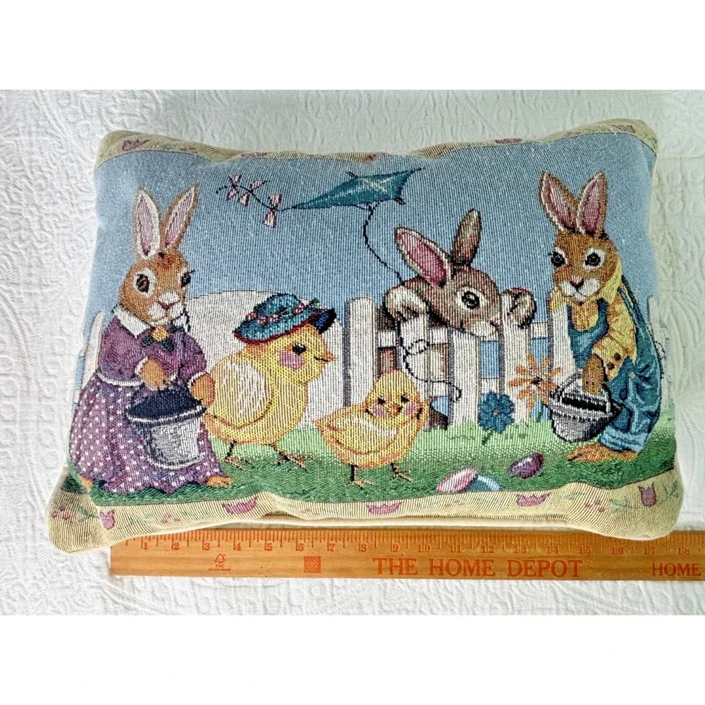 Vintage Tapestry Easter Pillow Rabbits Chicks Farm Scene Needlepoint Style Decor